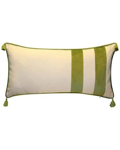 Velvet Lumbar Pillow With Striped Tassel & Faux Linen Details