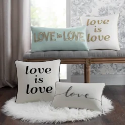 "Love Is Love" Embroidered Poly Velvet Square Throw Pillow White - Edie@Home
