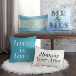 14"x21" Celebrations Embroidered 'Happily Ever After' Lumbar Pillow Cream/Gray - Edie@Home