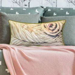 12"x24" Oversized Watercolor Peacock Feather Print Faux Linen Front With Velvet Back And Welt Lumbar Throw Pillow Beige - Edie@Home -Throw Pillows Discount GUEST ecbb90a5 4b7f 46e4 884e 11bb58ca7688