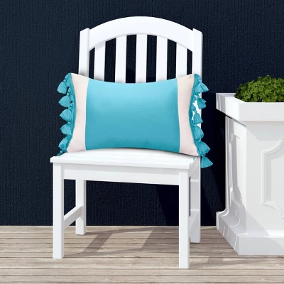 Embroidered Colorblock With Tassel Fringe Rectangular Indoor/Outdoor Throw Pillow Aqua - Edie@Home 6 Embroidered Colorblock With Tassel Fringe Rectangular Indoor/Outdoor Throw Pillow Aqua - Edie@Home - Image 4